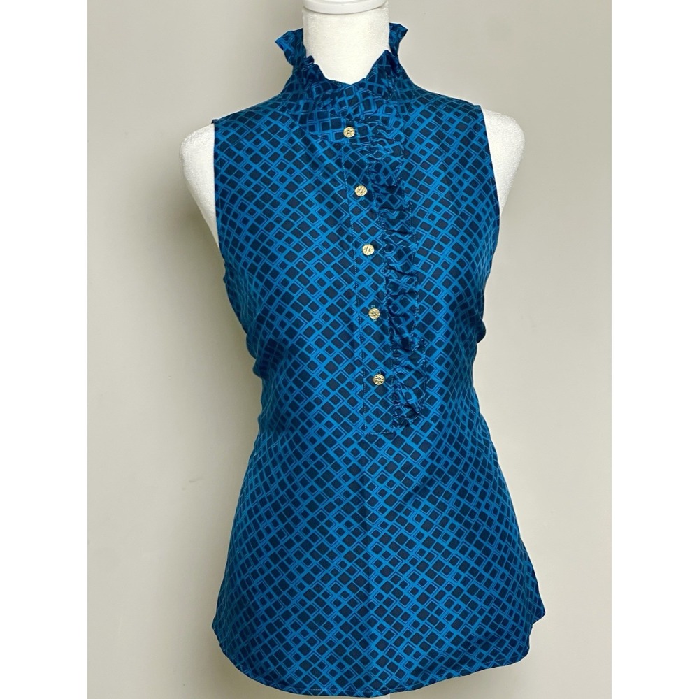Tory Burch Blue Black Geometric Ruffle Collar Sleeveless 100% Silk Blouse-Sz 8